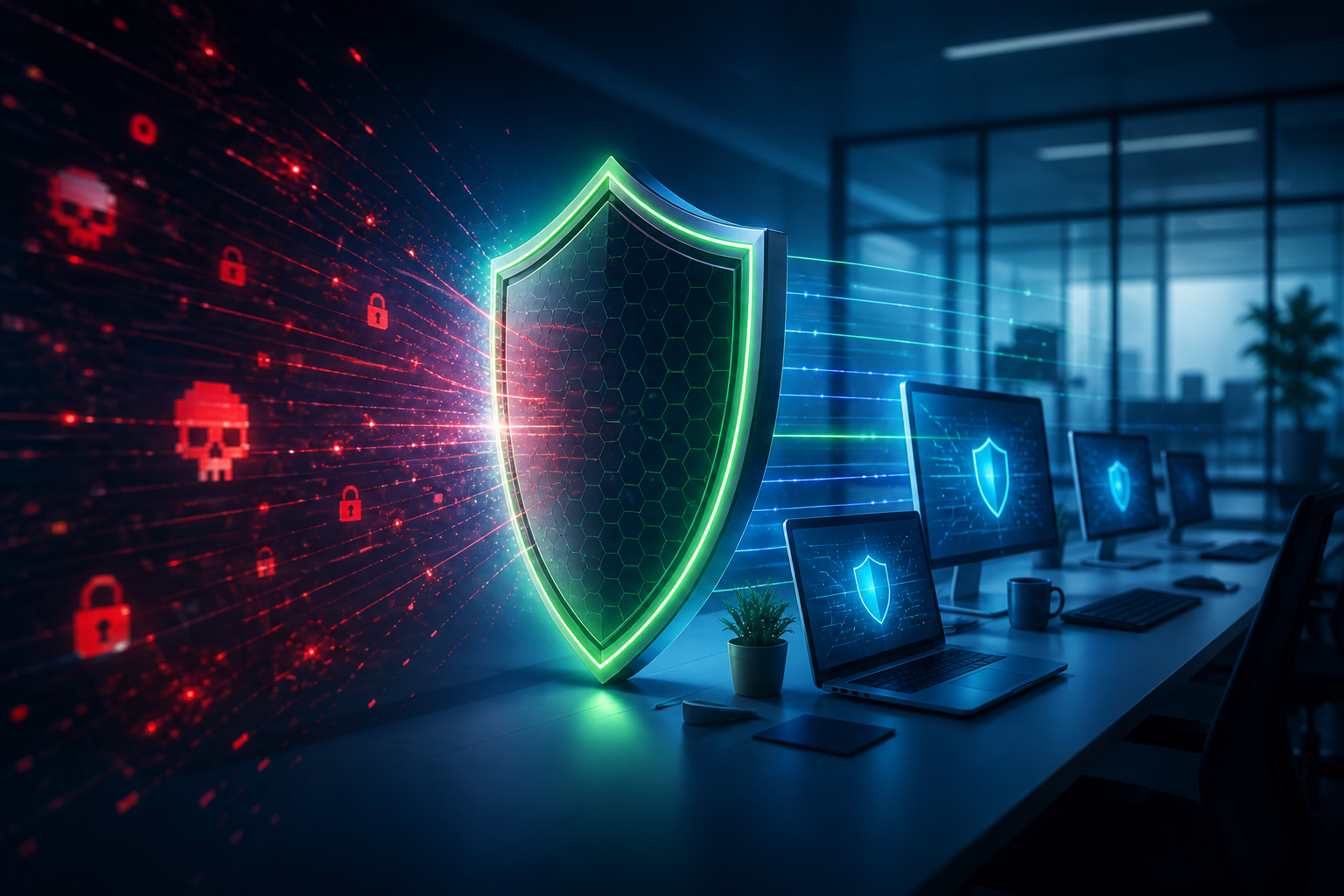 Diagrama de 5 capas de protección ransomware: formación, EDR, red, backup, SOC