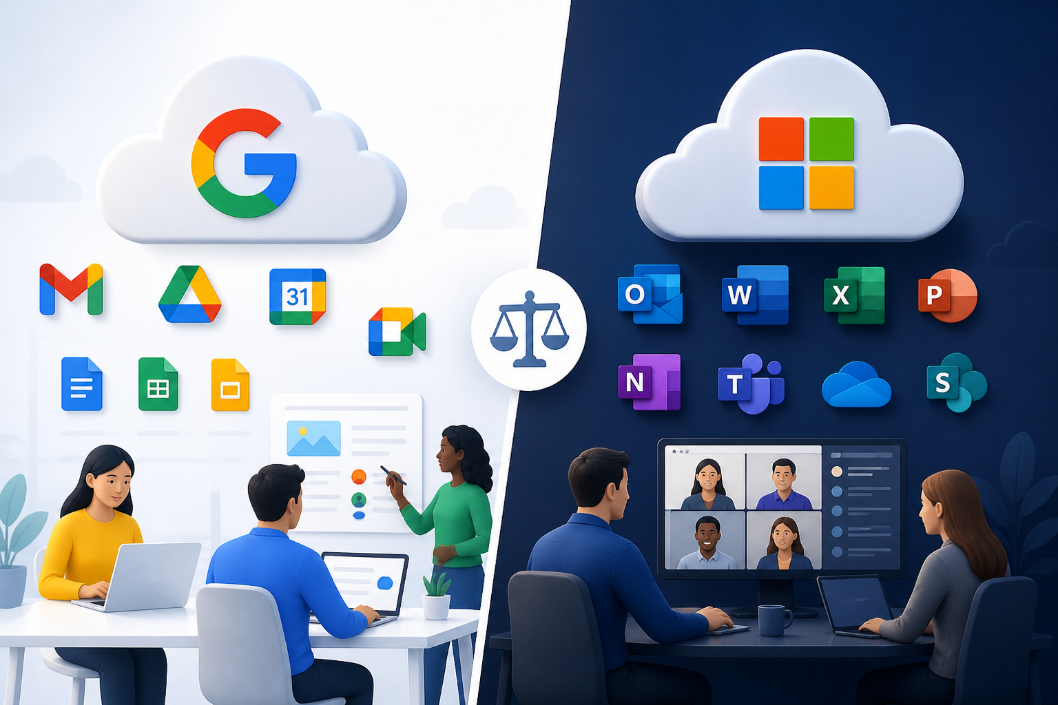 Comparativa visual Google Workspace vs Microsoft 365 logos funcionalidades